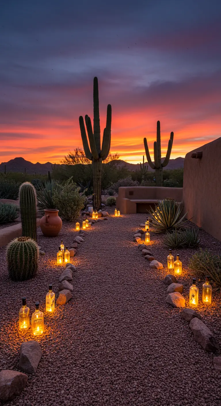Ein Wüstengarten bei Sonnenuntergang, dessen Kiesweg von klaren Tequila-Flaschenlichtern gesäumt ist.