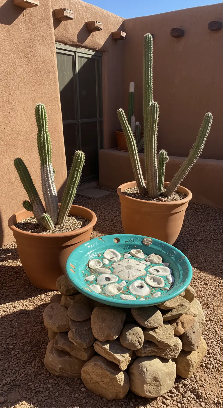 Türkisfarbene Vogeltränke mit Sand-Dollars auf einem Steinhaufen neben Kakteen.