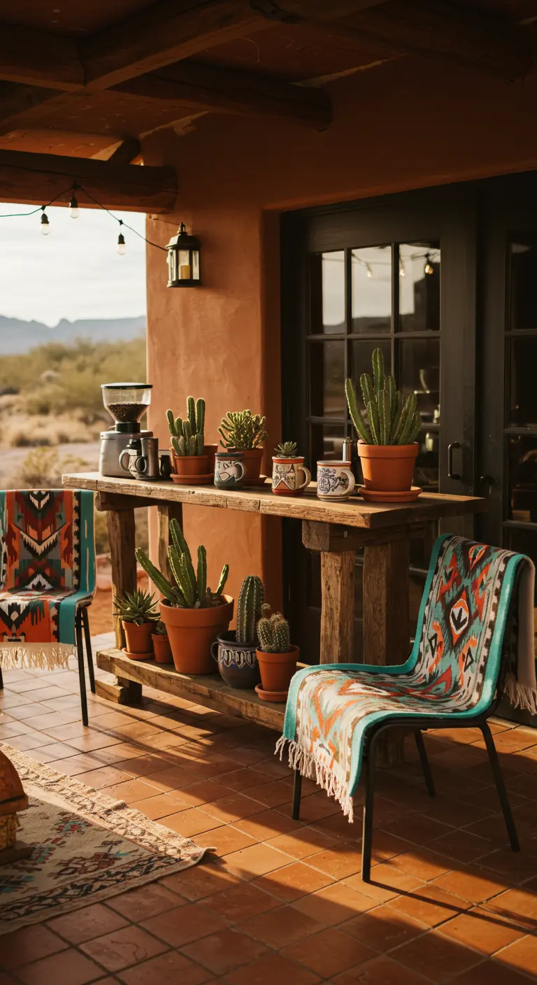 Kaffeebar auf einer Terrasse im Southwestern-Stil mit Kakteen und gemusterten Decken.