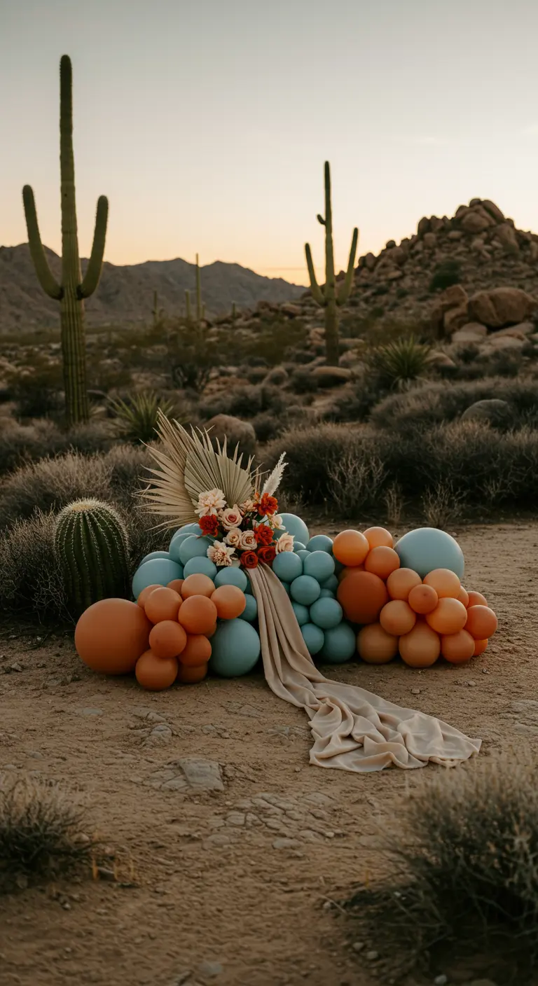 Ballon-Arrangement in Terrakotta und Türkis in der Wüste