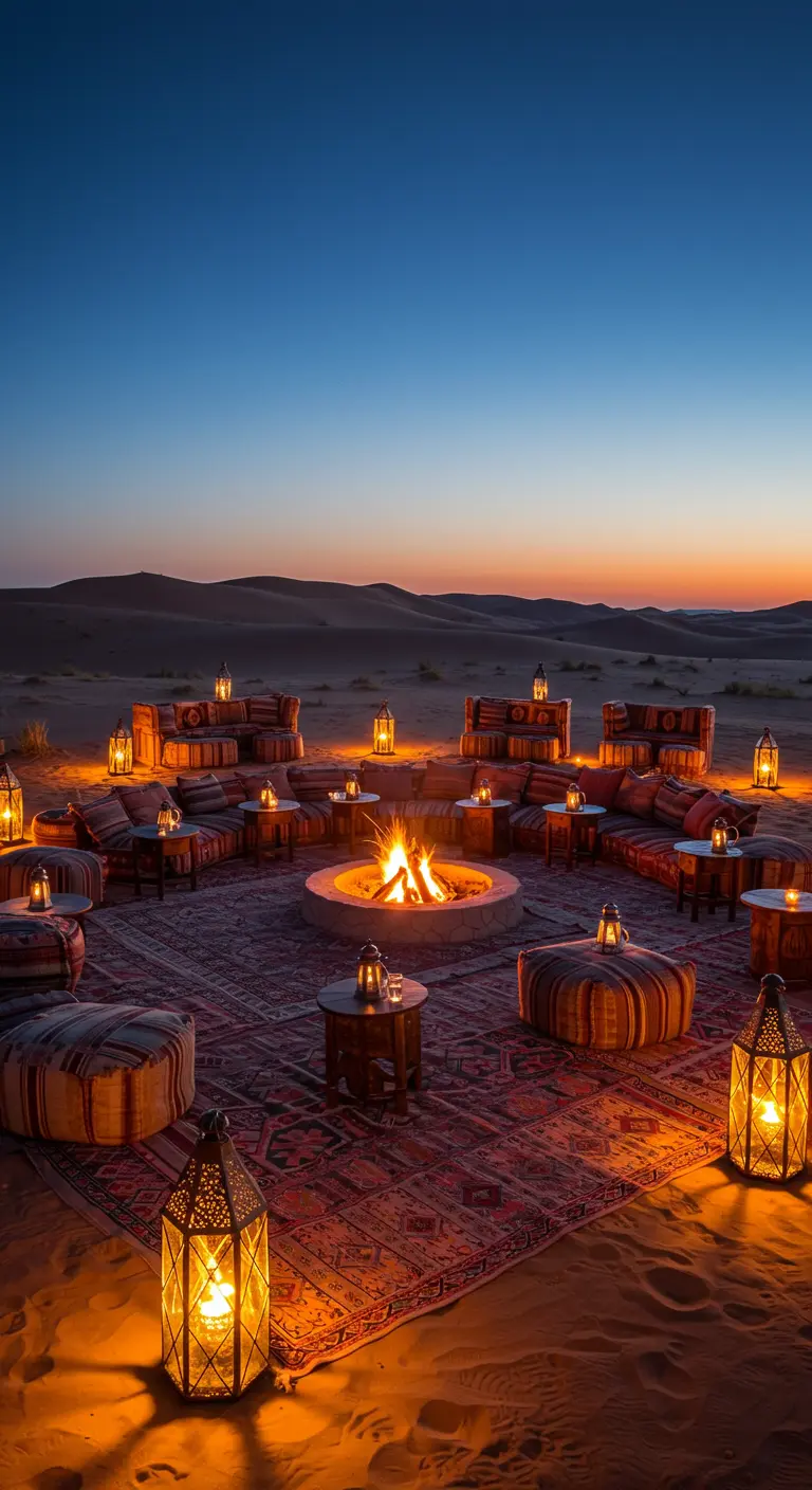 Lagerfeuer in der Wüste, umgeben von Teppichen, Poufs und marokkanischen Laternen.