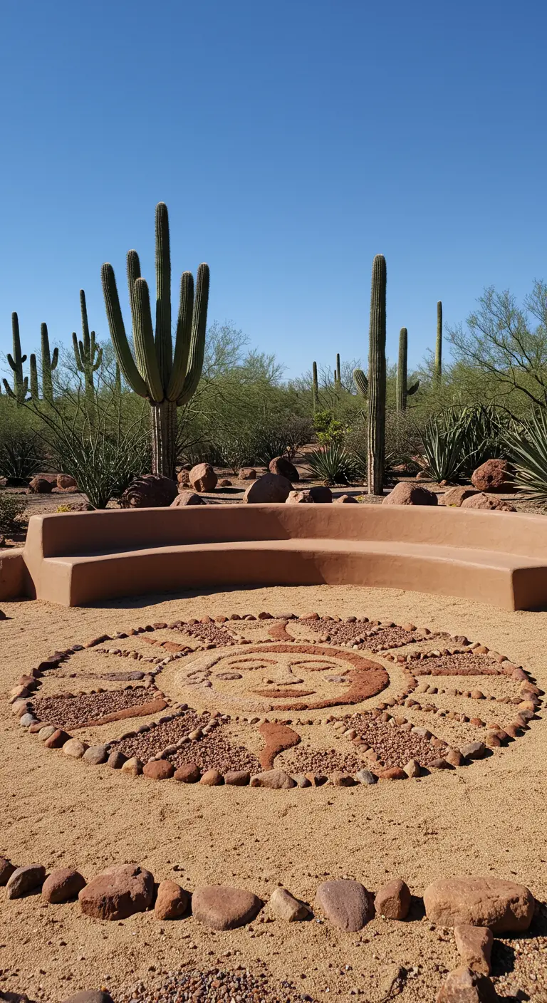Ein Sonnen-Mandala aus roten Steinen und Sand in einer Wüstenlandschaft mit Kakteen.