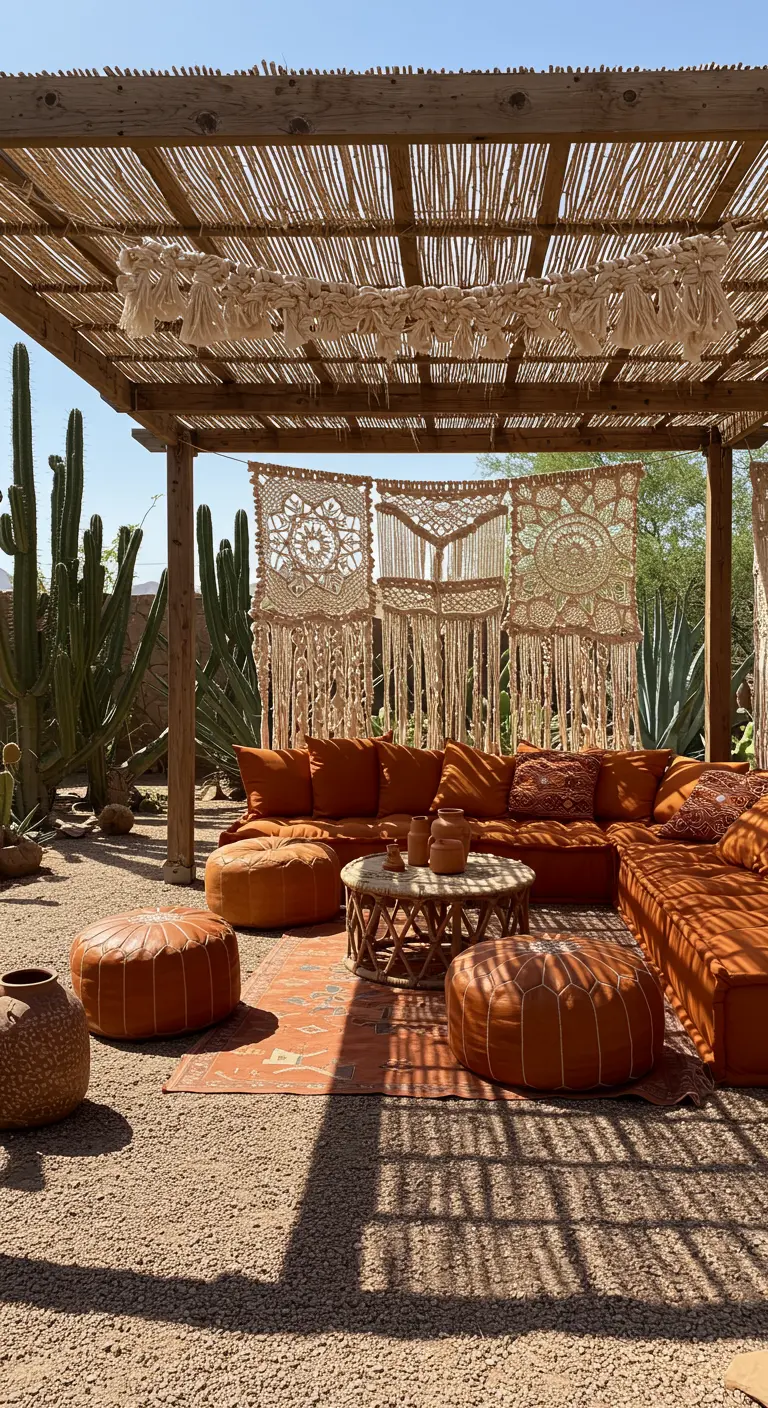Große Makramee-Wandbehänge hinter einer terrakottafarbenen Lounge unter einer Holzpergola.