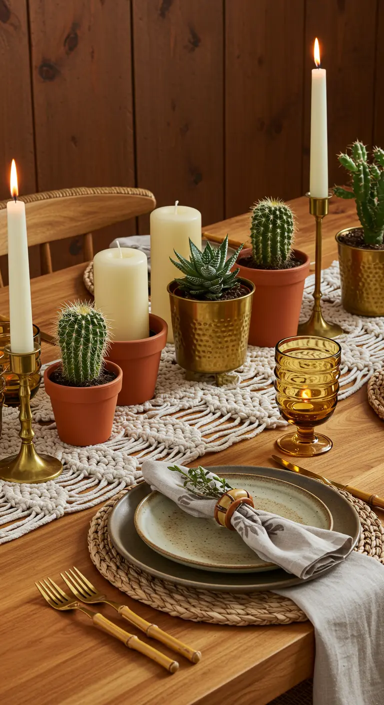 Boho-Adventsdeko mit Kakteen, Makramee-Läufer und Messing-Kerzenhaltern.