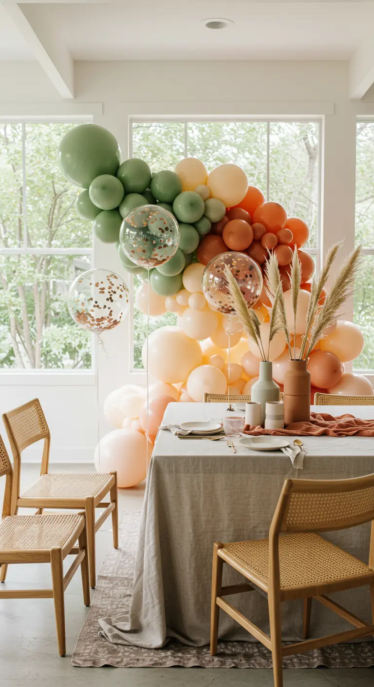 Organische Ballongirlande in sanften Erdtönen schwebt über einem gedeckten Esstisch