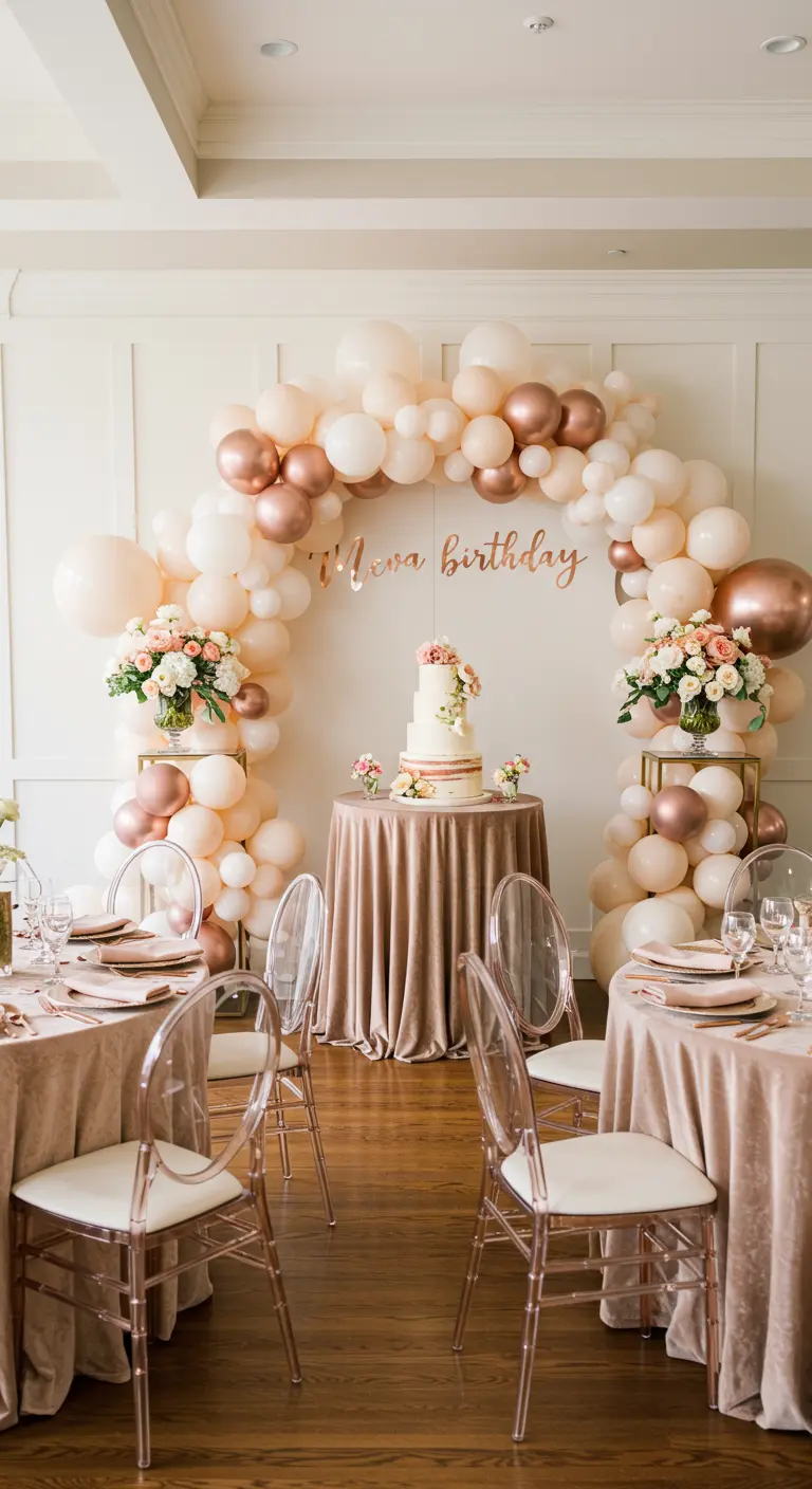 Ballonbogen in Roségold und Cremetönen hinter einem mit rosa Samt gedeckten Tisch