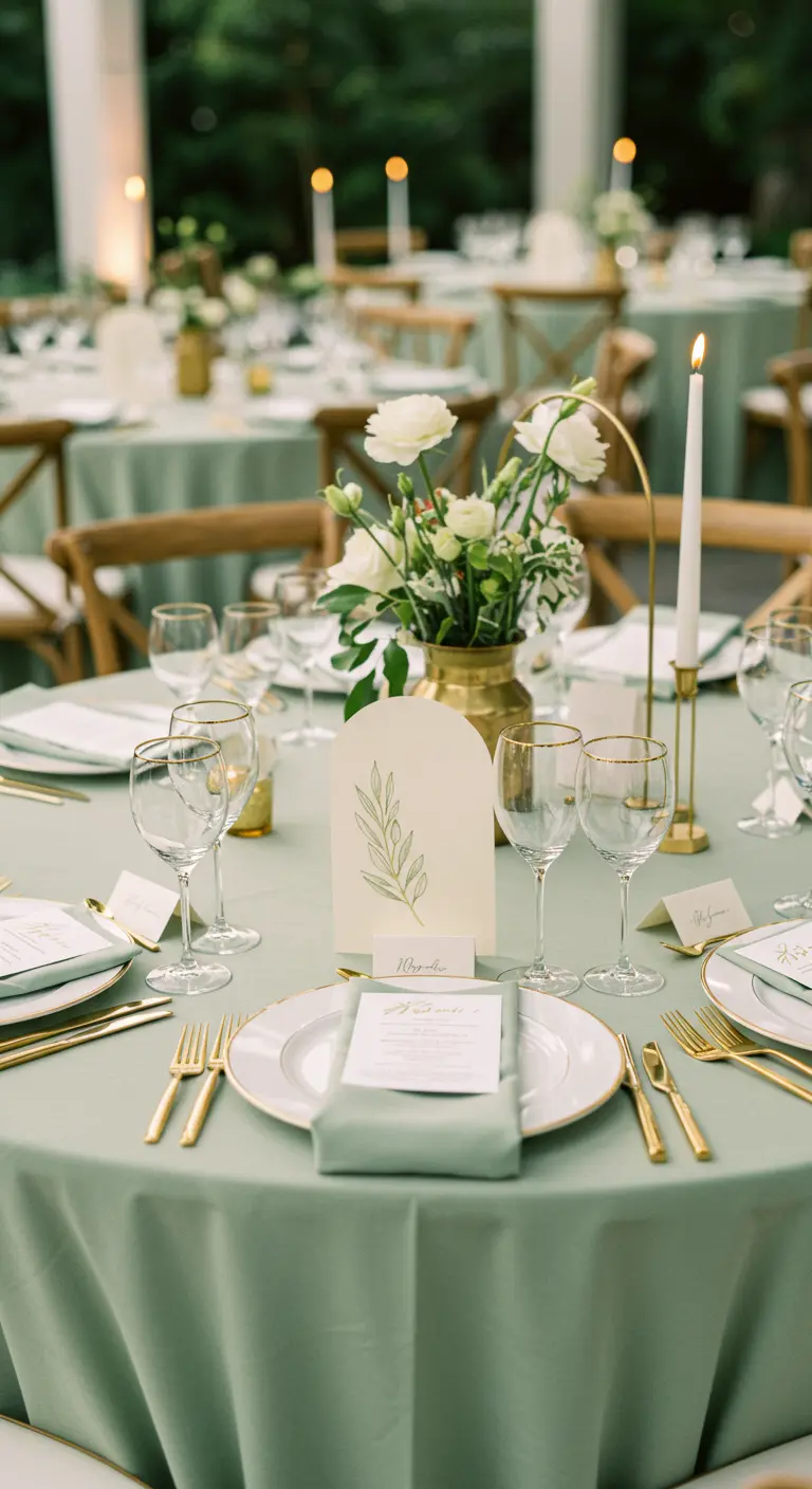 Elegant gedeckter Tisch in Salbeigrün und Gold, mit einer bogenförmigen Menükarte.