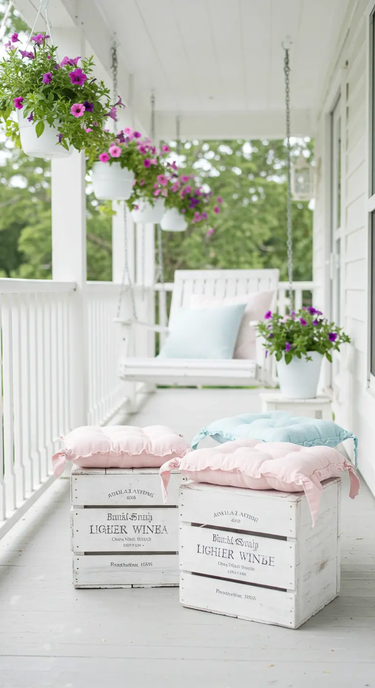 Weiß gestrichene Weinkisten mit rosa und blauen Kissen auf einer weißen Veranda.