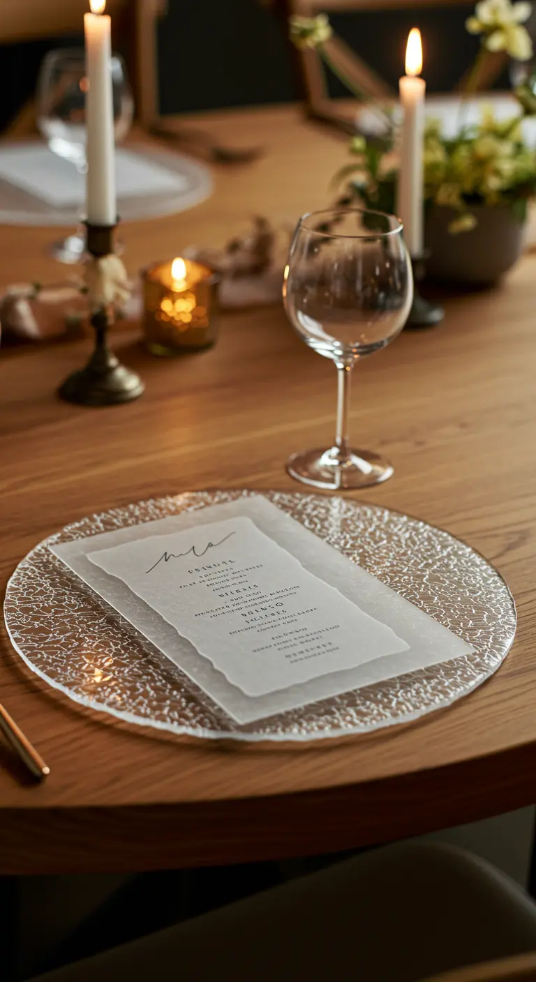 Gedeckter Holztisch mit einem Platzteller aus Glas und einer Menükarte aus Pergamentpapier.
