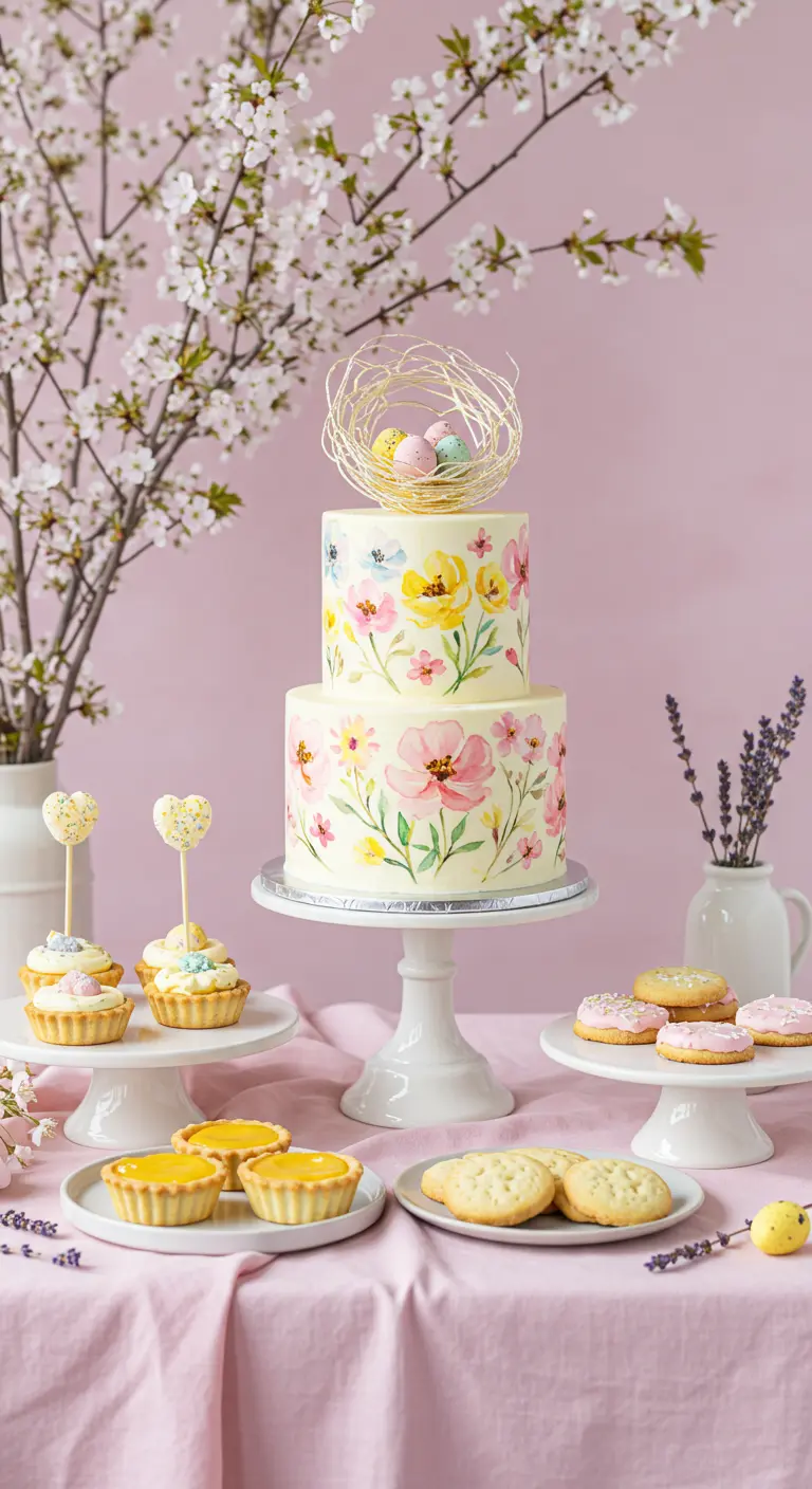 Handbemalte Blumentorte mit einem Nest aus Zuckerwatte auf einem rosa gedeckten Tisch.