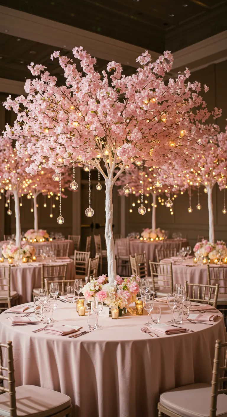 Weißer Baum mit rosa Kirschblüten und hängenden Lichtern als Tischdekoration.