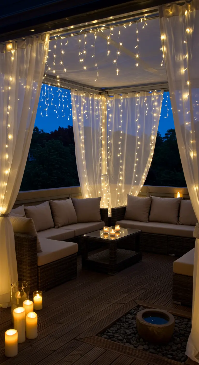 Gartenpavillon mit transparenten Vorhängen und Lichtervorhängen an den Wänden
