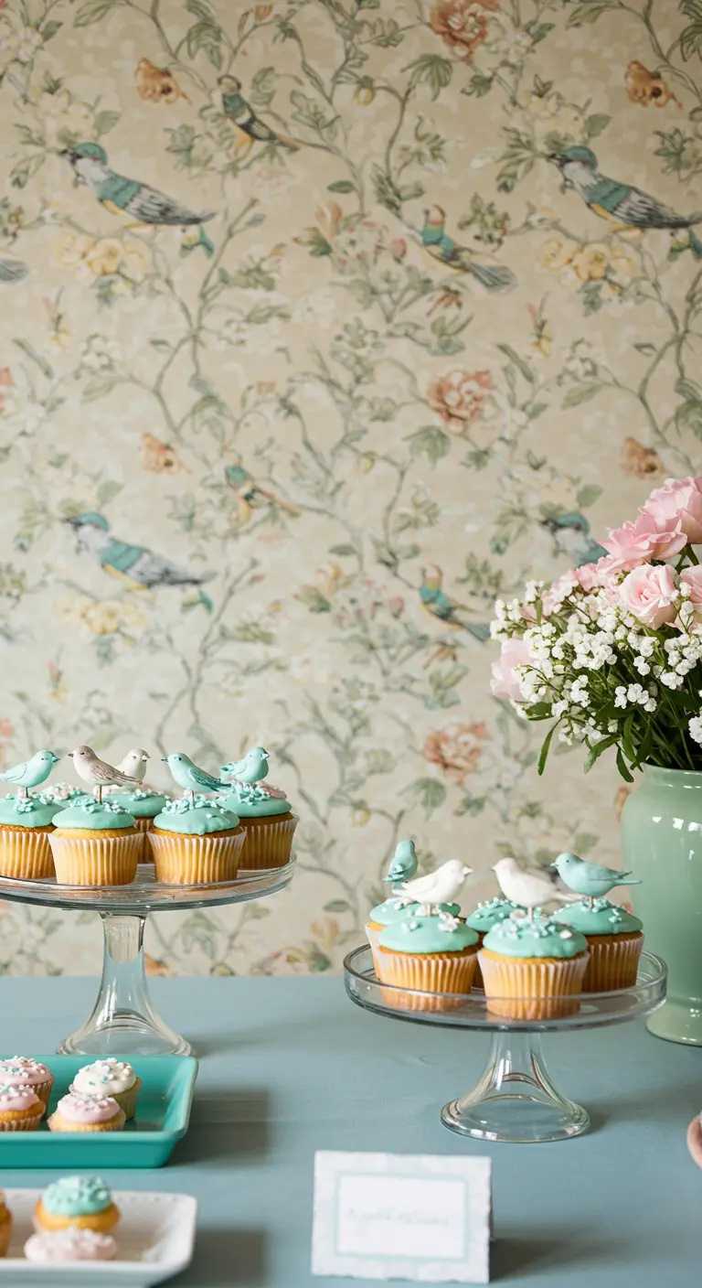 Cupcakes mit kleinen Zuckervögeln vor einer Vintage-Tapete mit Vogelmotiv.