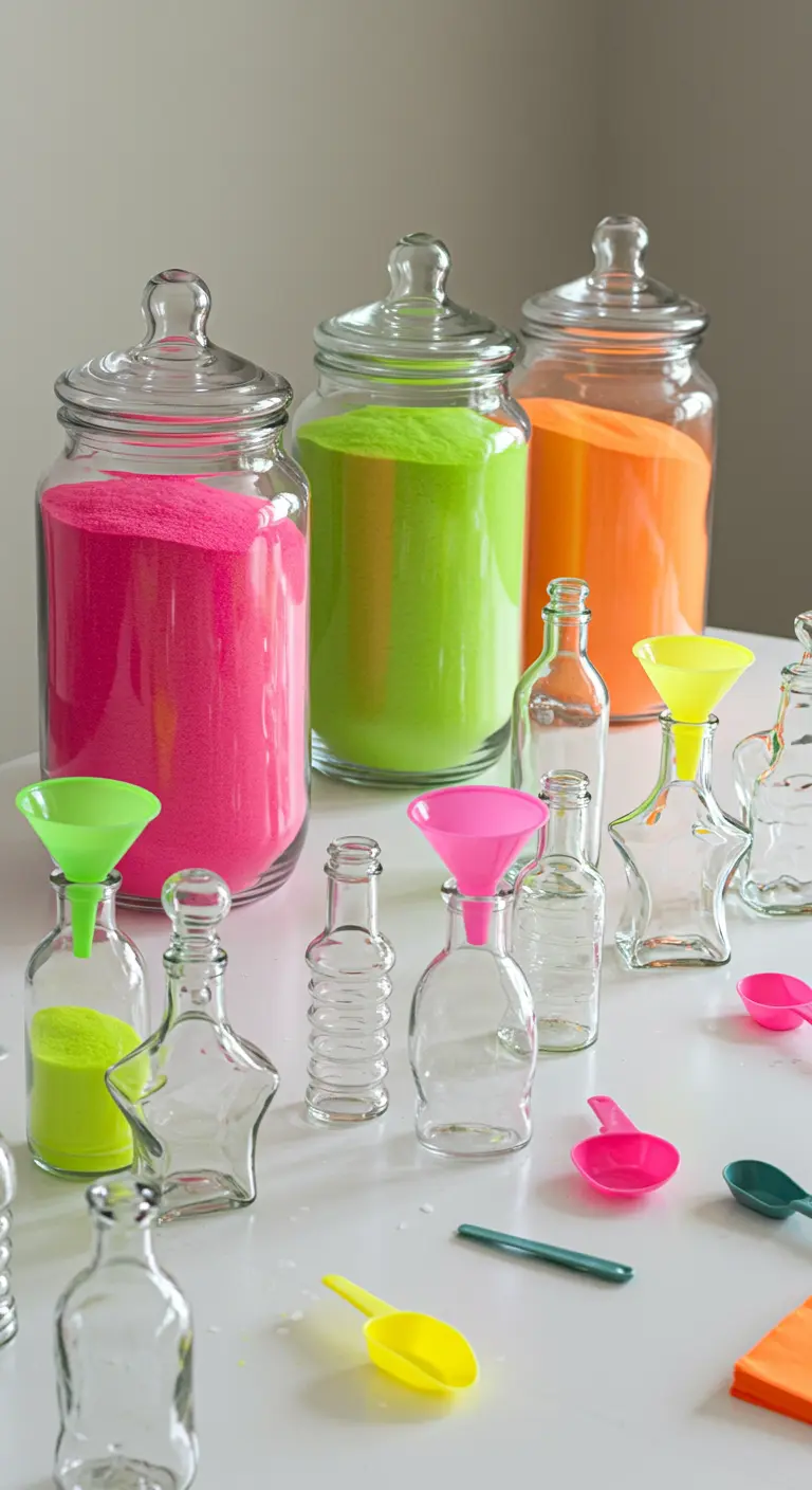 Bastelstation mit großen Gläsern voller Neonsand und kleinen Flaschen zum Befüllen.
