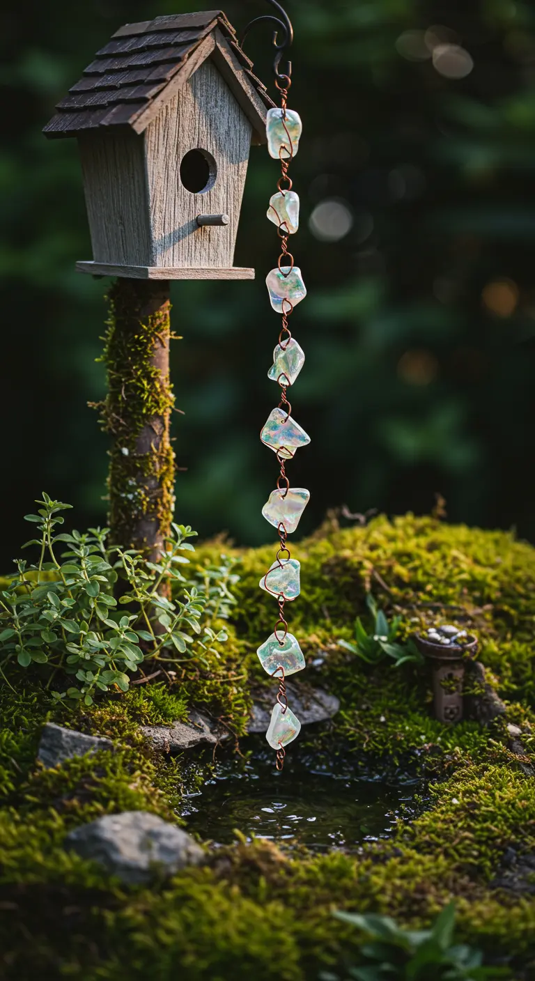 Eine Miniatur-Regenrinne aus Glasperlen an einem Vogelhaus in einem Moosgarten.