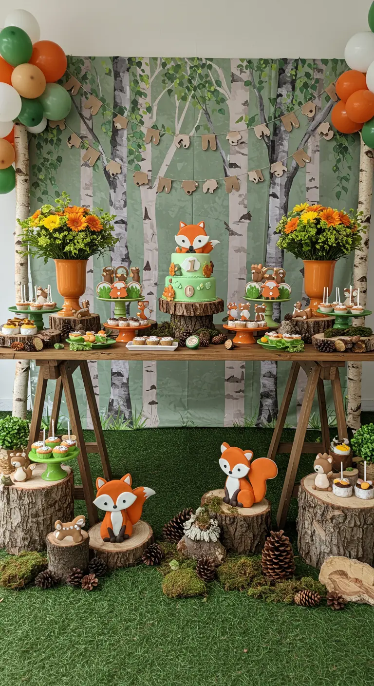 Wald-Themen-Sweet-Table mit Fuchstorte, Baumstümpfen und einer Birkenwald-Kulisse.