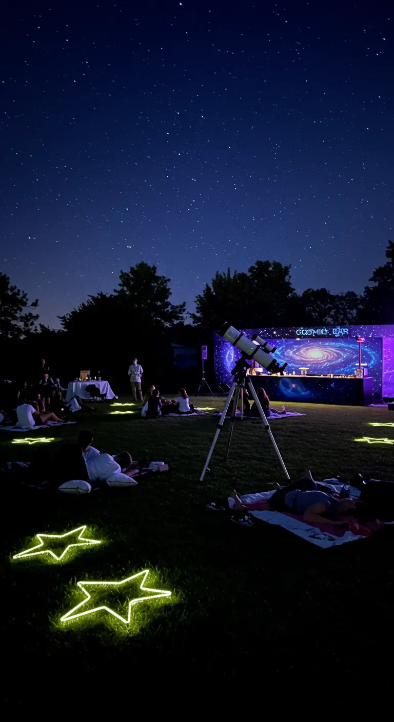 Gartenparty bei Nacht mit leuchtenden Sternen auf dem Rasen und einem Teleskop.