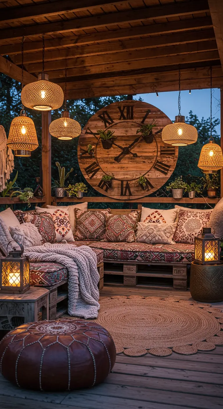 Große Holzwanduhr in einer gemütlichen Lounge, dekoriert mit kleinen Pflanzen.