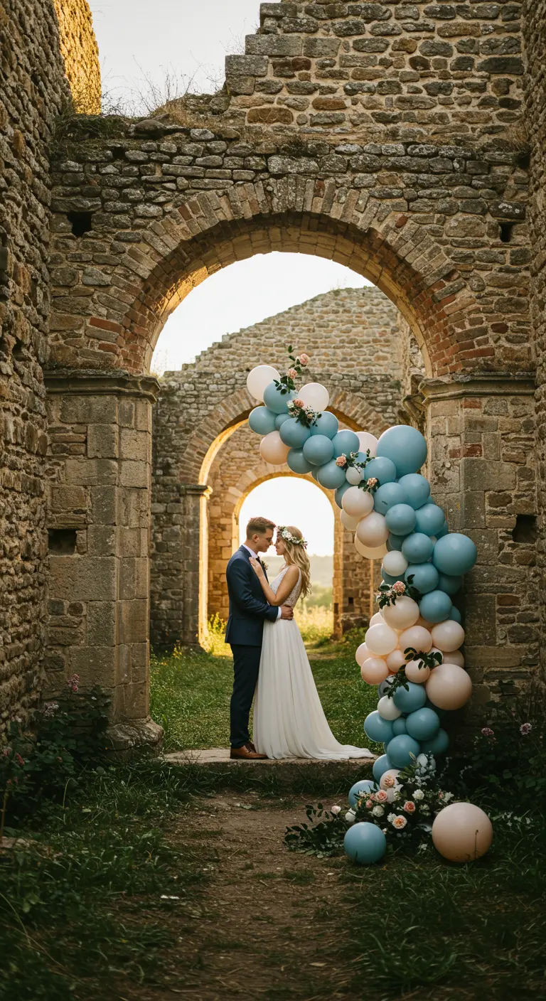 Ballongirlande in Blau und Rosa an einer steinernen Torruine