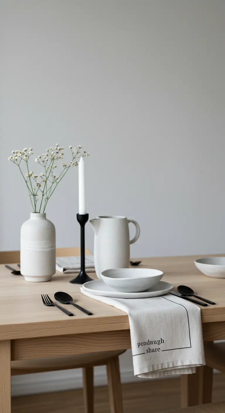 Minimalistisch gedeckter Holztisch mit mattem schwarzen Besteck, weißen Keramiktellern und Schleierkraut