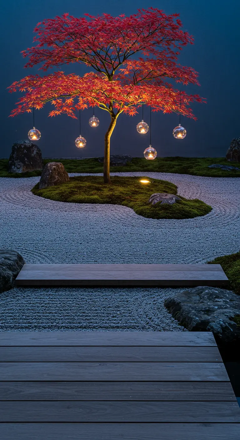 Japanischer Ahorn in einem Zen-Garten, beleuchtet von hängenden Glaskugellaternen.