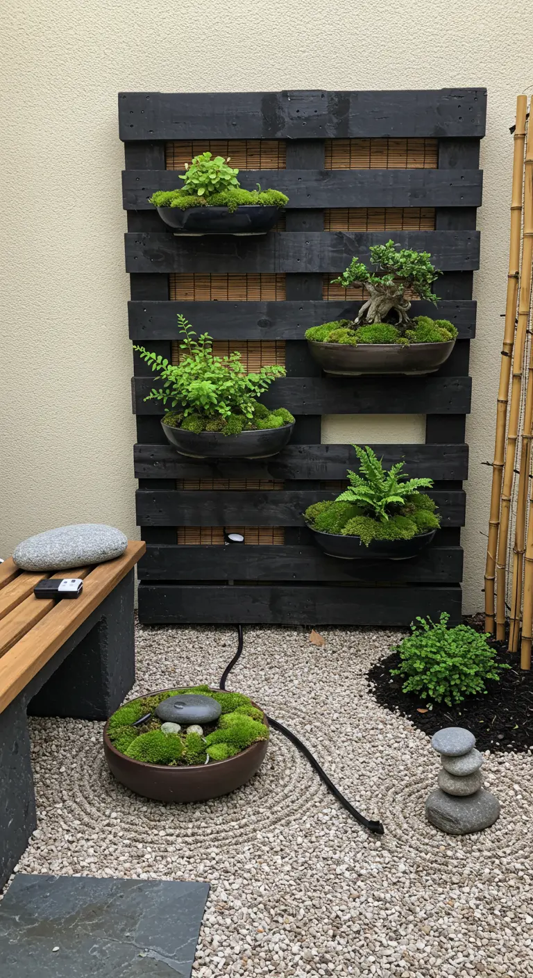 Schwarz gebeizte Palette in einem Zen-Garten, bepflanzt mit Farnen, Moos und Bonsai.