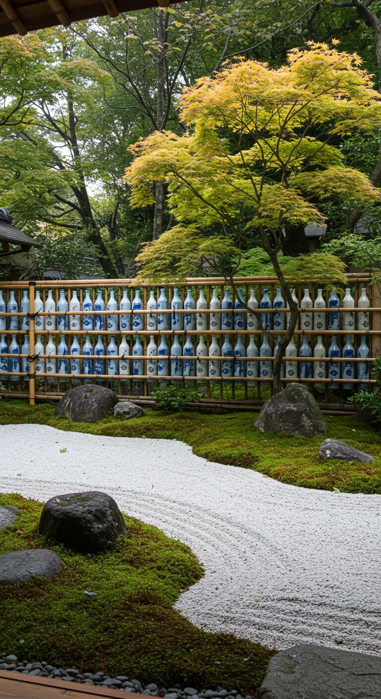 Japanischer Zen-Garten mit einem Bambuszaun, in den blau-weiße Porzellanflaschen integriert sind.