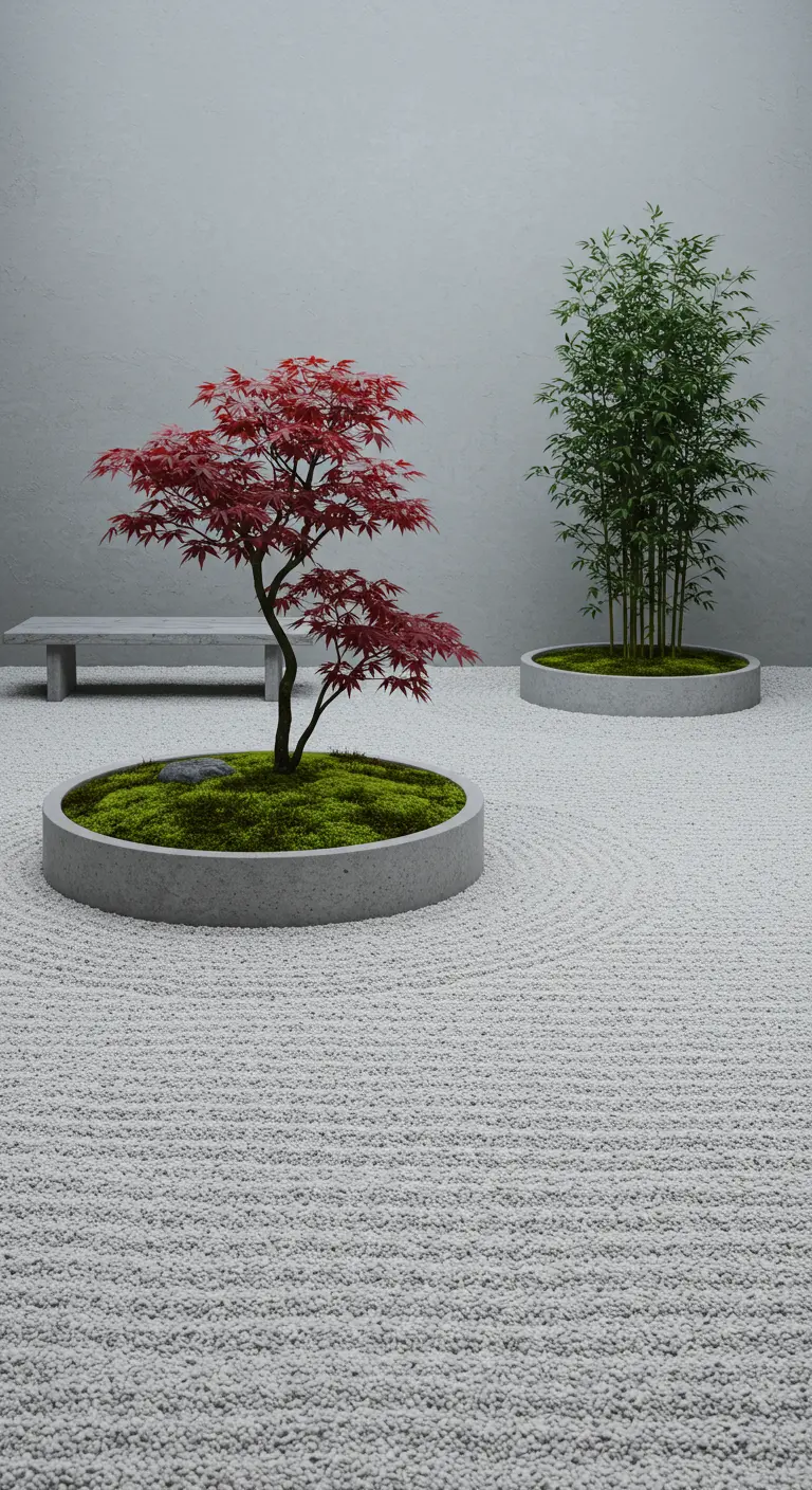 Roter Fächerahorn und Bambus in niedrigen Betonringen in einem minimalistischen Zen-Garten.