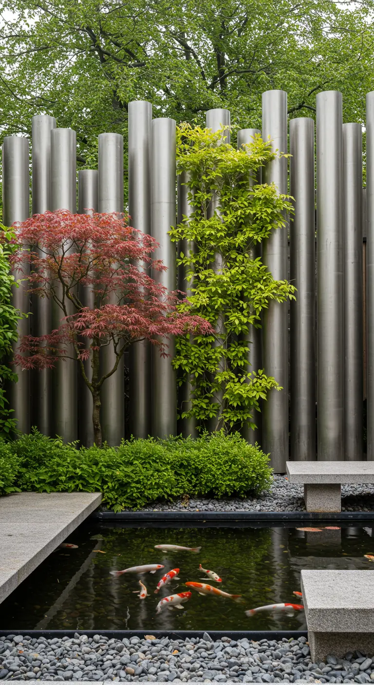 Garten mit zylindrischen Edelstahlsäulen, einem Koiteich und einem kleinen roten Ahornbaum.