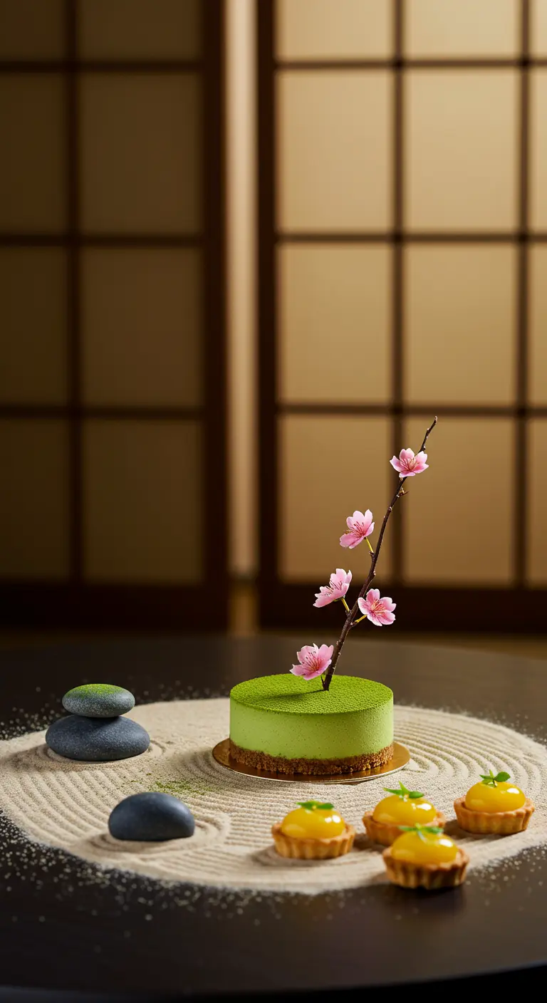 Minimalistische Matcha-Torte mit einem Kirschblütenzweig in einem Mini-Zen-Garten.