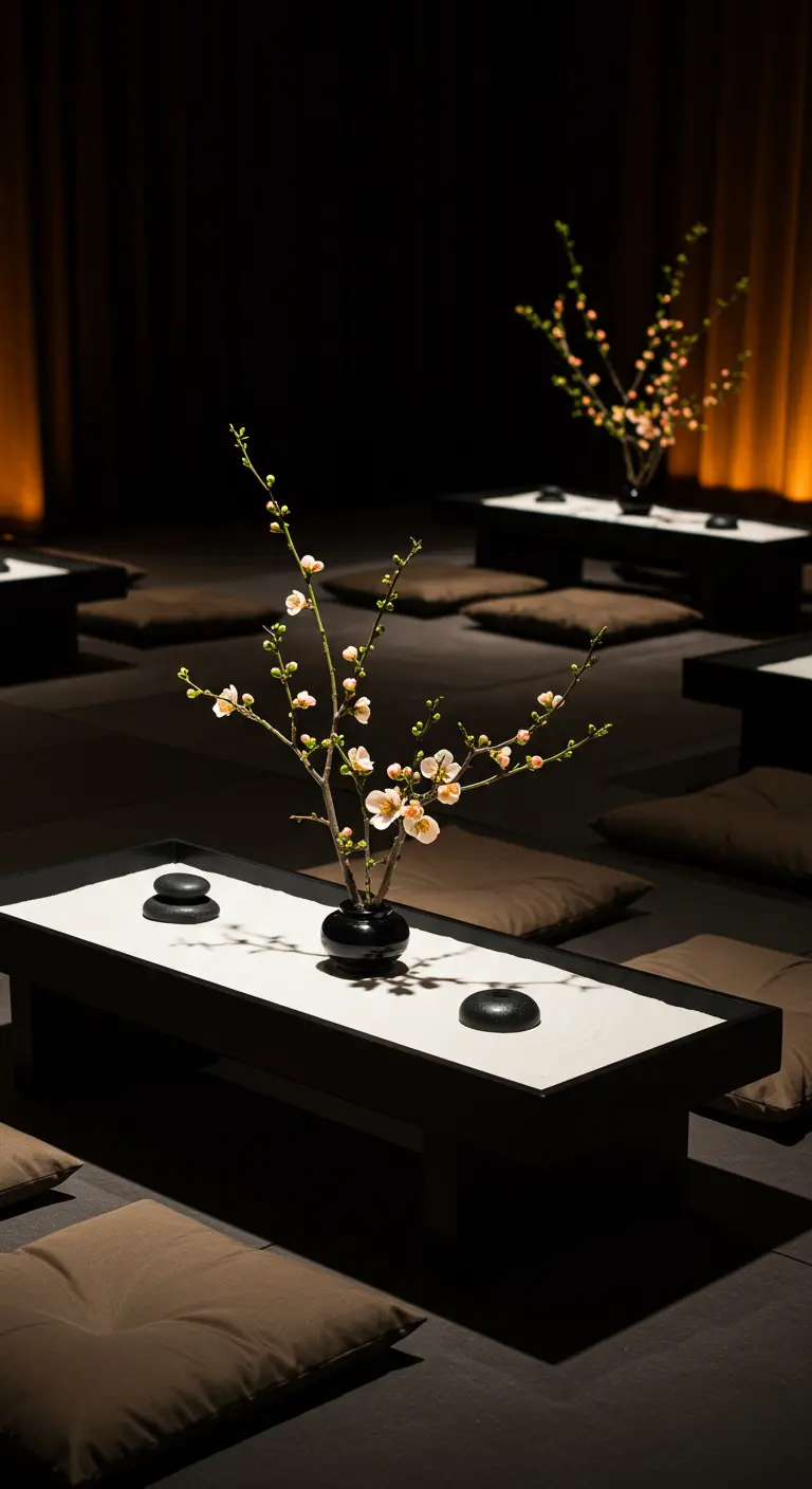 Minimalistisches Ikebana-Arrangement mit einem Blütenzweig auf einem Tablett mit Sand und Steinen.