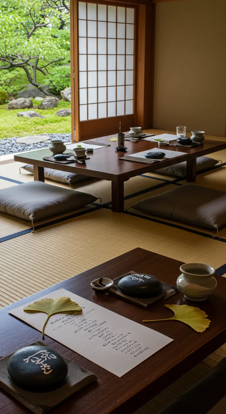 Japanisches Tischgedeck mit niedrigem Tisch, Kalligrafie-Menü und einem Ginkgoblatt.