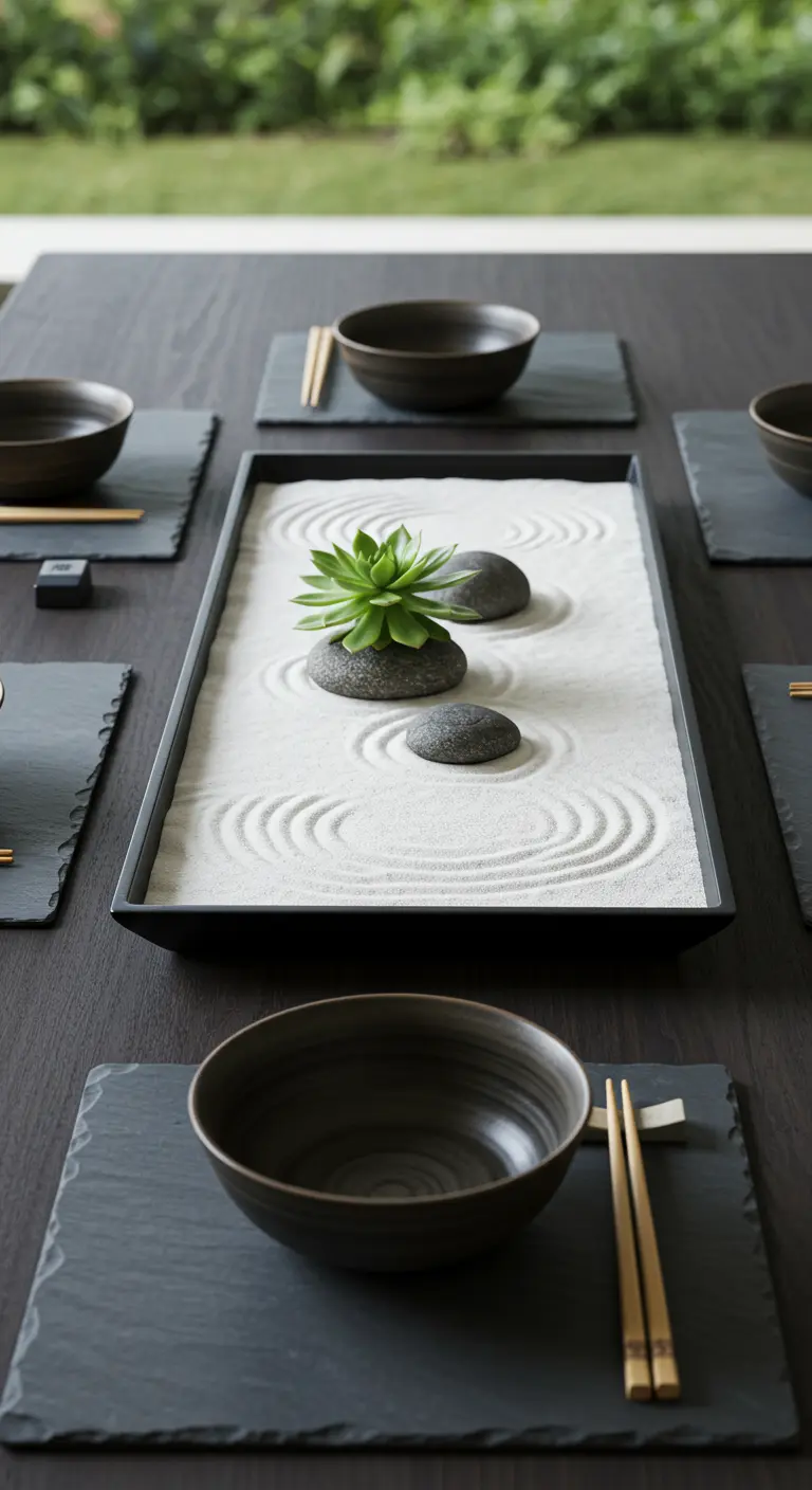 Miniatur-Zen-Garten mit weißem Sand und Sukkulente als Tisch-Mittelstück.