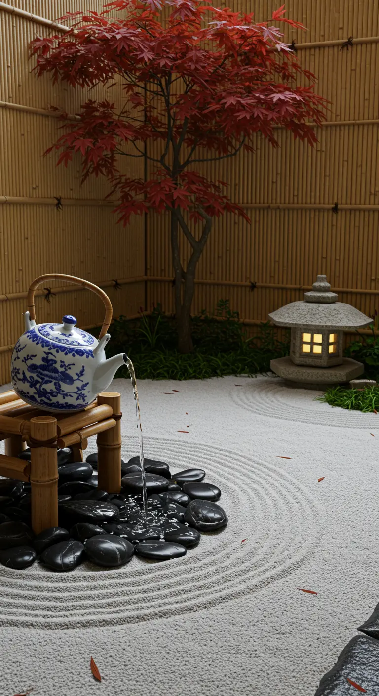 Blau-weiße Teekanne als Zen-Brunnen in einem japanisch inspirierten Garten mit Sand.