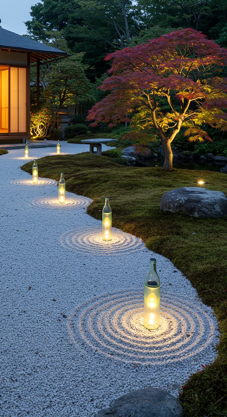 Ein japanischer Kiesgarten, in dem helle Flaschenlichter von geharkten Kreisen umgeben sind.