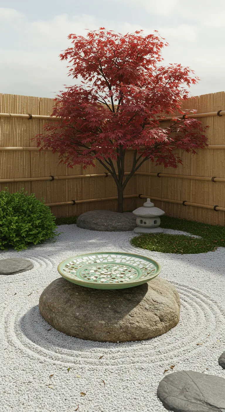 Grüne Mosaik-Vogeltränke auf einem Stein in einem japanischen Zen-Garten.