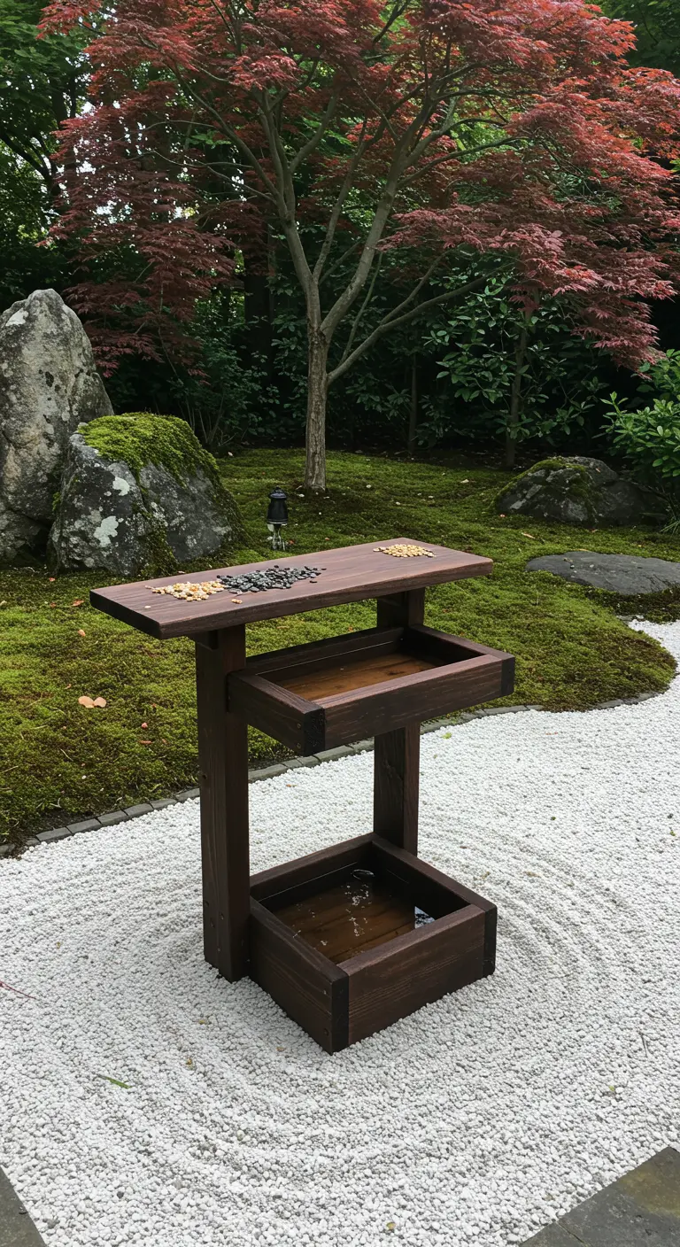 Dunkelbraune, gestufte Futter- und Wasserstation in einem Zen-Garten.