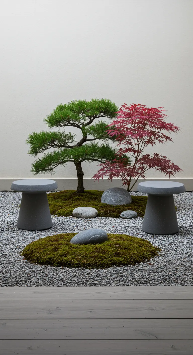 Zwei graue Beton-Pilzhocker in einem minimalistischen Zen-Garten mit Kies und Bonsai-Bäumen.