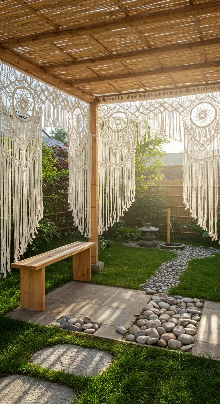 Breite Makramee-Vorhänge an einer Bambus-Pergola in einem japanisch inspirierten Garten.