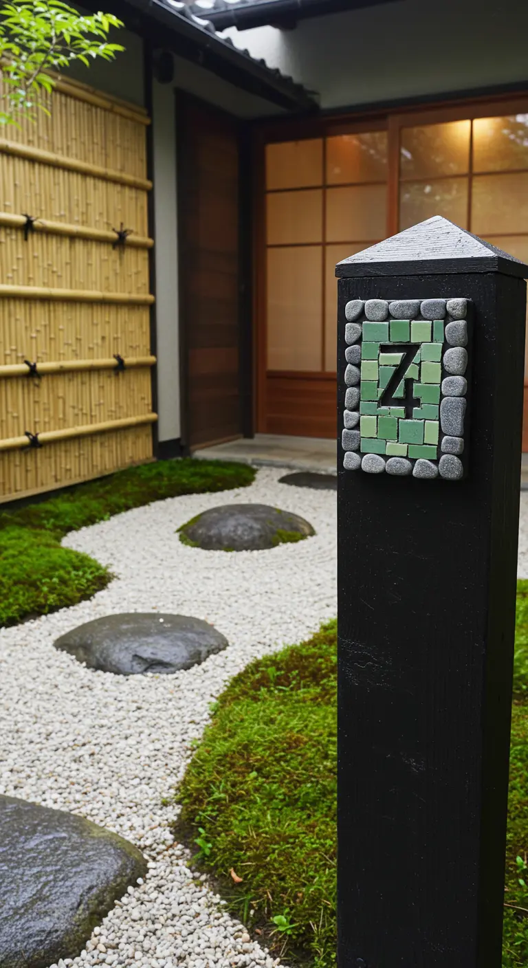 Mosaik-Hausnummer 4 aus grünen Steinen auf einem schwarzen Pfosten in einem japanischen Zen-Garten.