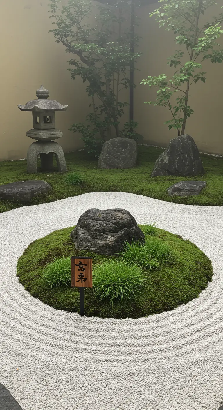Vertikal graviertes Holzschild in einem minimalistischen japanischen Zen-Garten.