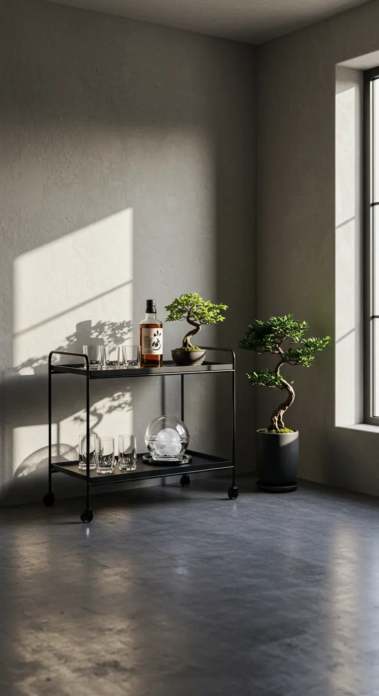 Minimalistischer schwarzer Barwagen mit einer Flasche Whisky und zwei Bonsai-Bäumen