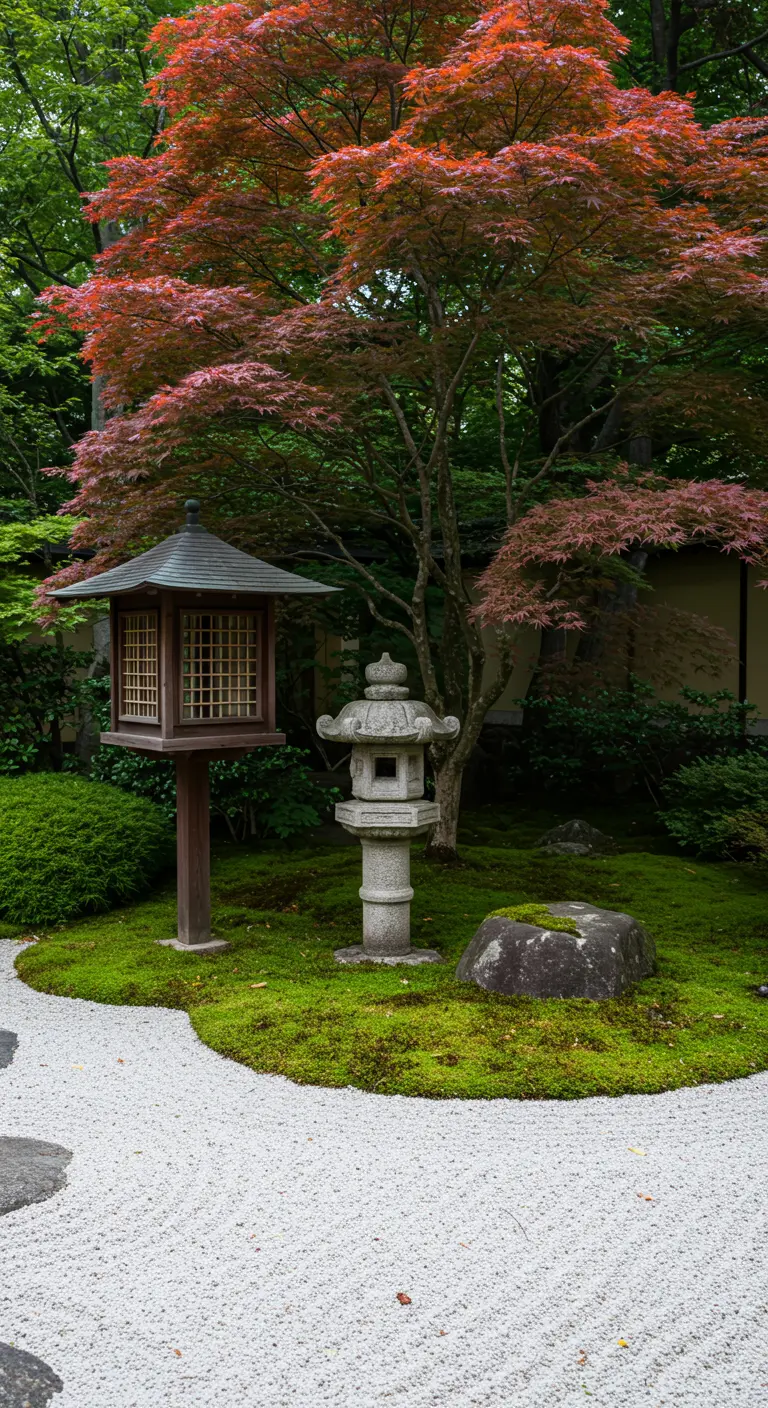 Vogelhaus im Stil einer japanischen Laterne in einem Zen-Garten mit geharktem Kies und Ahornbaum.