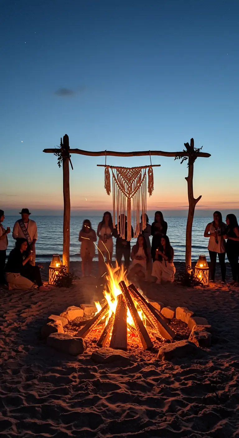Ein Makramee-Wandbehang an einem Holzgestell am Strand hinter einem Lagerfeuer bei Sonnenuntergang.