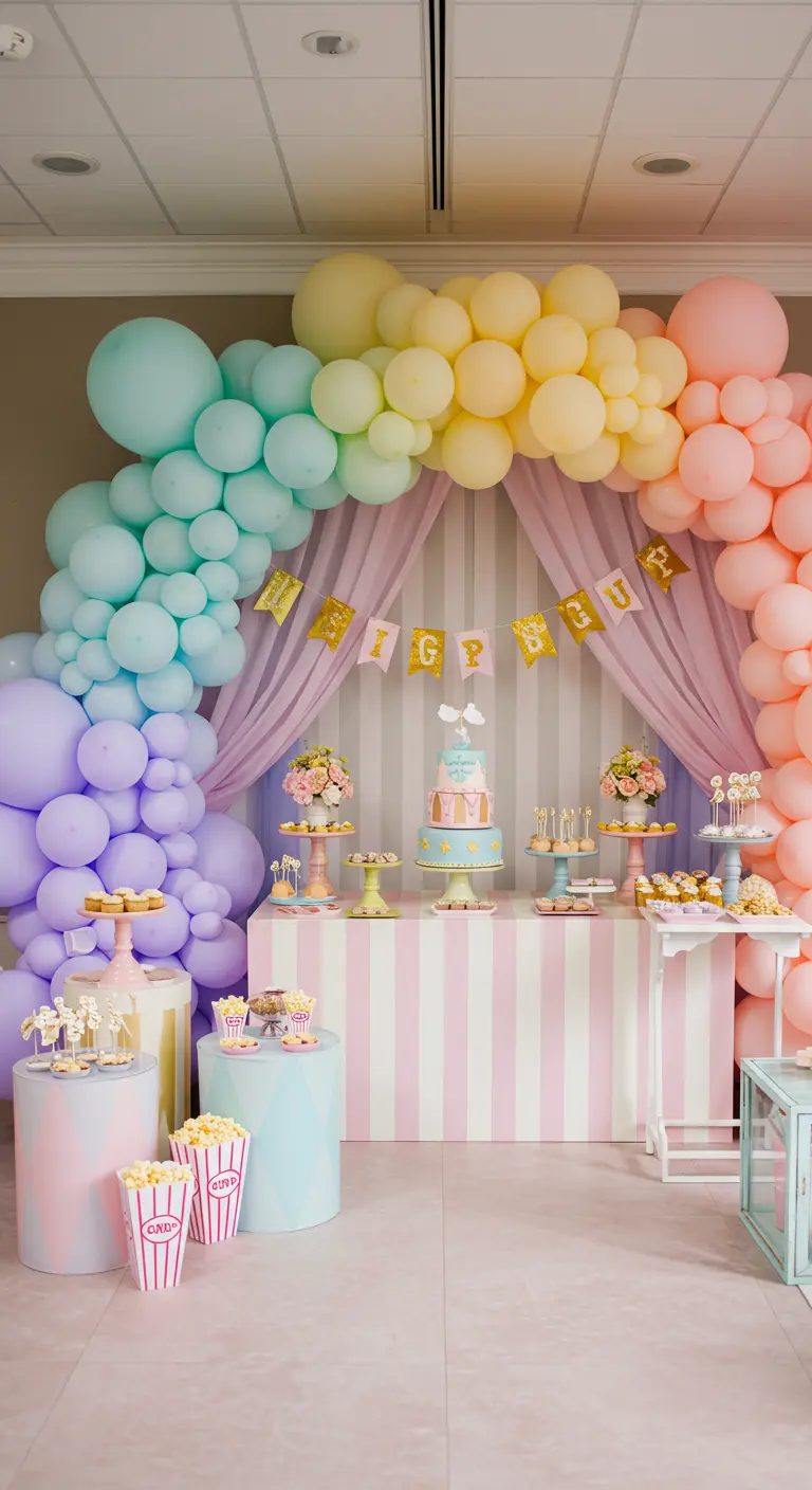 Pastellfarbener Ballonbogen über einem Desserttisch mit Zirkus-Thema und gestreifter Tischdecke.