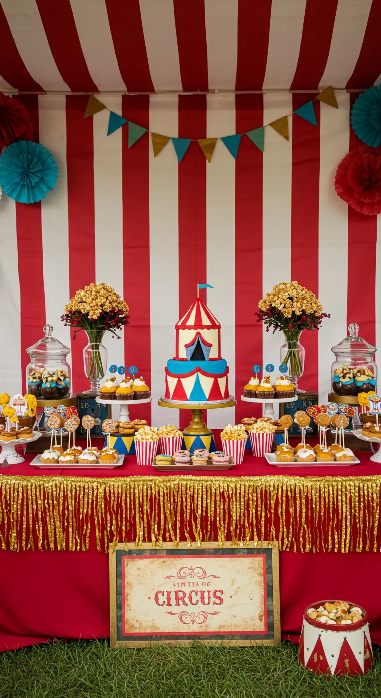Desserttisch im Zirkus-Stil mit einer Torte in Form eines Zirkuszeltes.