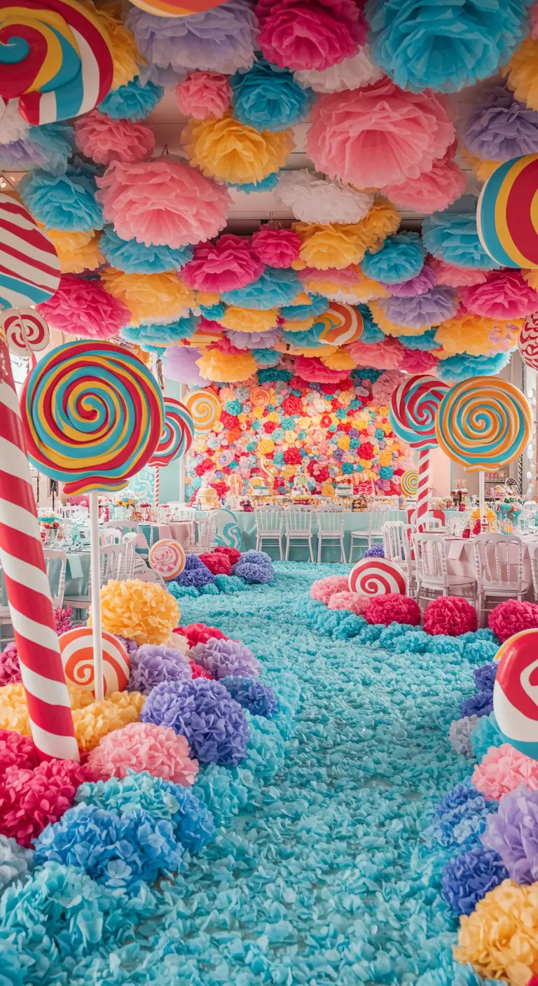 Ein ganzer Raum dekoriert als Candy Land mit Papier-Pompons, Lollis und Seidenpapier.