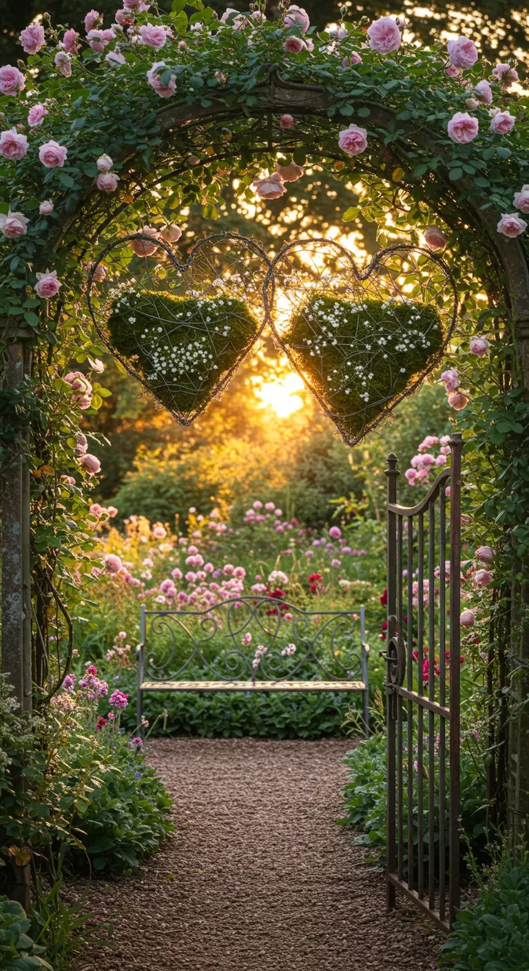 Zwei mit Moos und weißen Blüten gefüllte Draht-Herzen hängen an einem Rosenbogen.