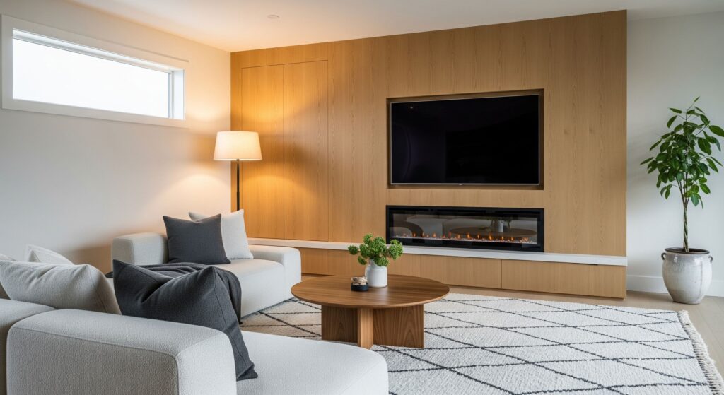 Modernes Wohnzimmer mit wandmontiertem Elektrokamin in eine minimalistische Medienwand integriert.