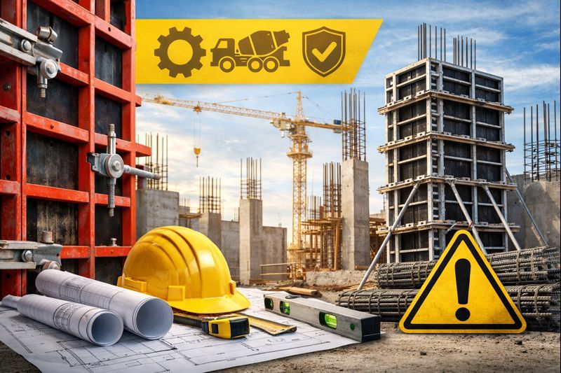 Moderne Schalungssysteme auf einer Baustelle mit Betonschalung, Bauplänen und Sicherheitsausrüstung.